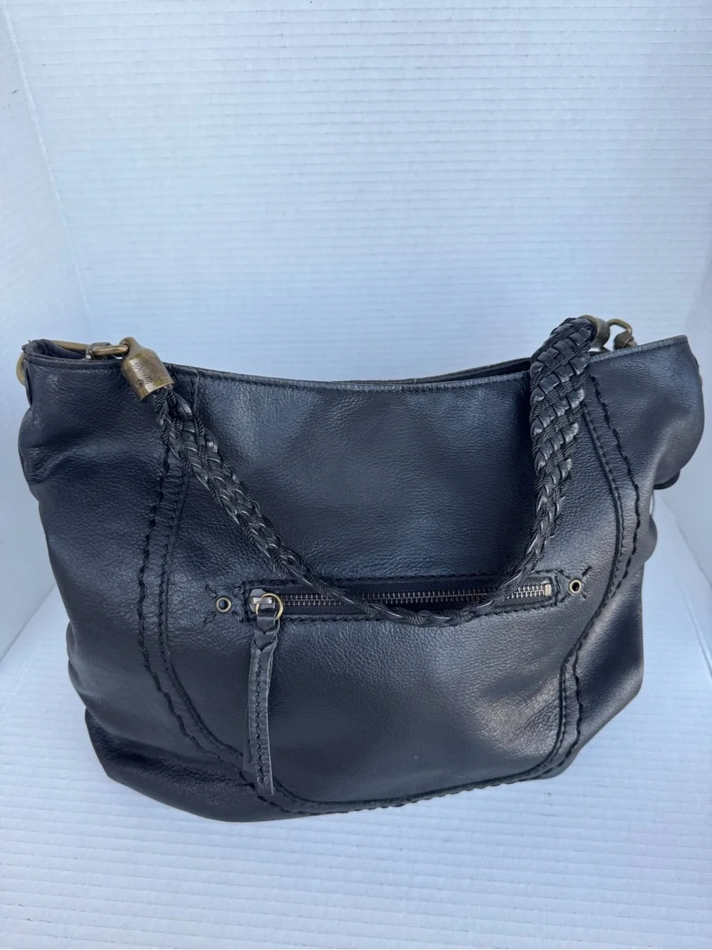 The Sak Black Leather Hobo Bag Braided Strap & Tassel Charm